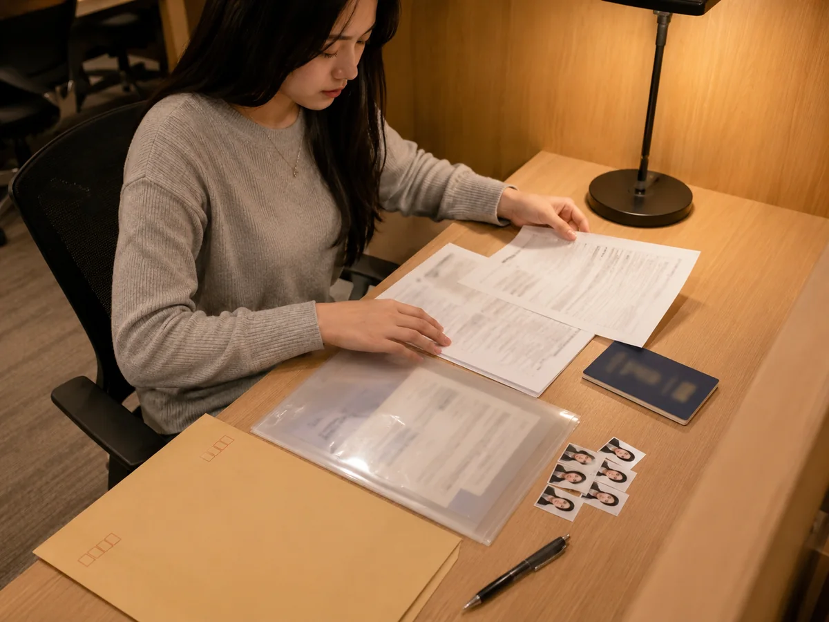 제출 서류 준비 — 책상 위 서류 봉투와 클리어파일, 여권, 증명사진을 유학생이 정리하는 모습