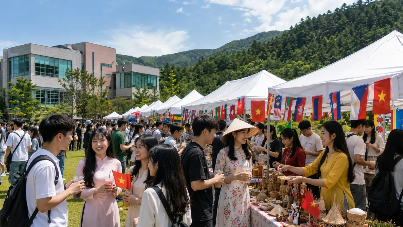 캠퍼스 잔디밭에서 각국 부스가 늘어선 세계문화축제