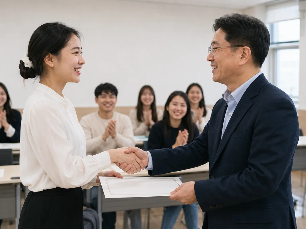 수료증을 받는 유학생과 박수치는 동료들