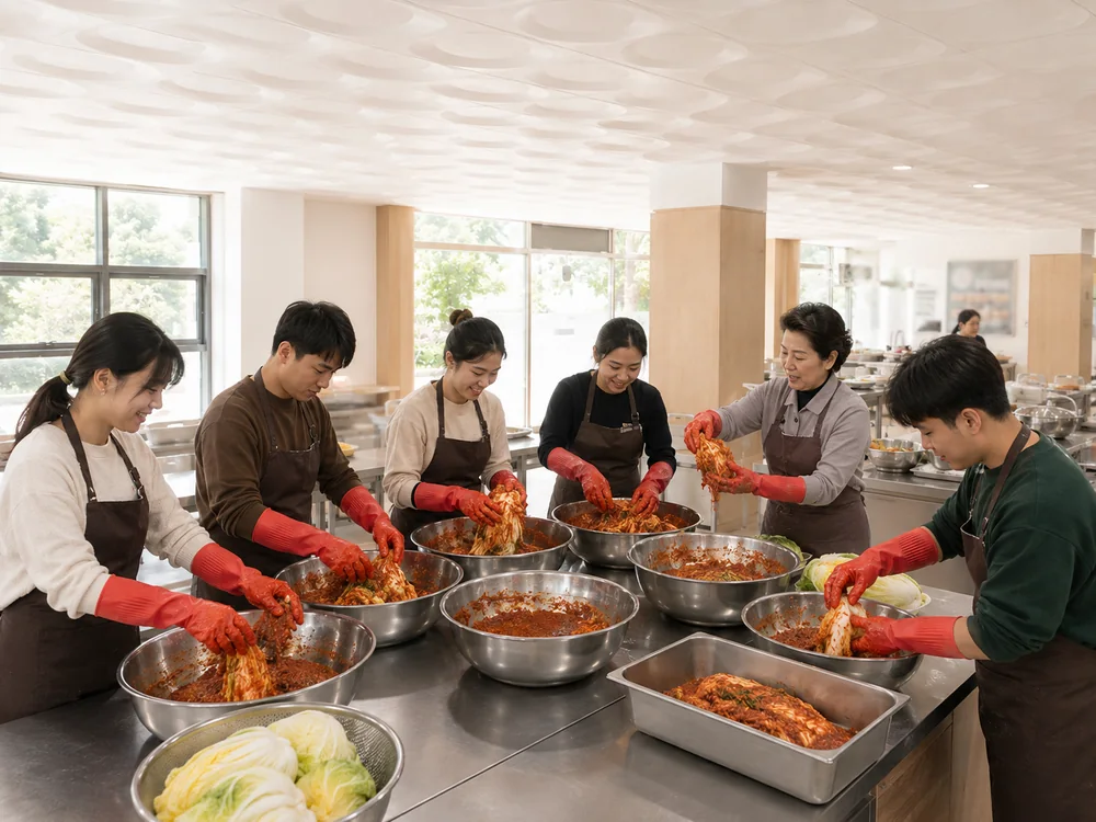 앞치마를 입고 김장을 담그는 유학생들