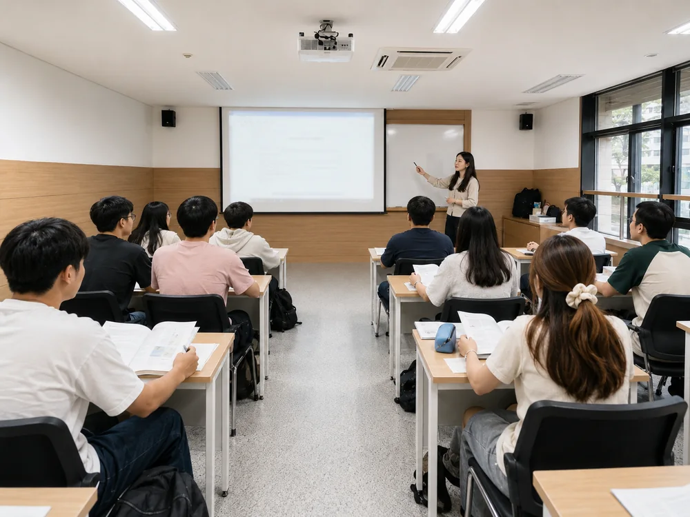 강의실에서 신입 유학생이 안내를 듣는 모습