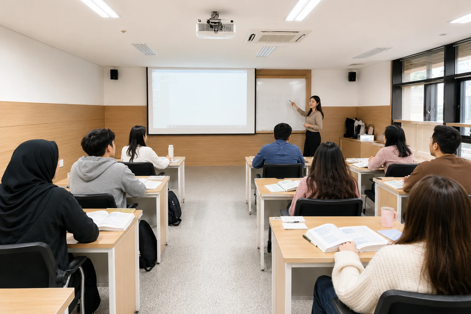 한국어 통합수업 장면 — 교사가 화이트보드 앞에서 설명하고 유학생들이 교재를 보며 수업에 참여