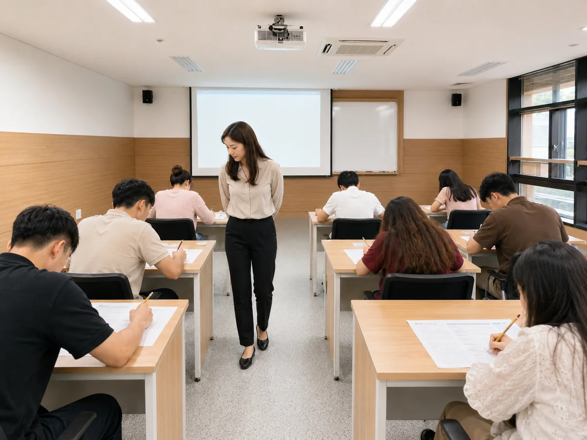 레벨테스트 장면 — 교실에서 유학생들이 답안지를 앞에 두고 시험을 치르고 감독 교사가 통로를 지나는 모습
