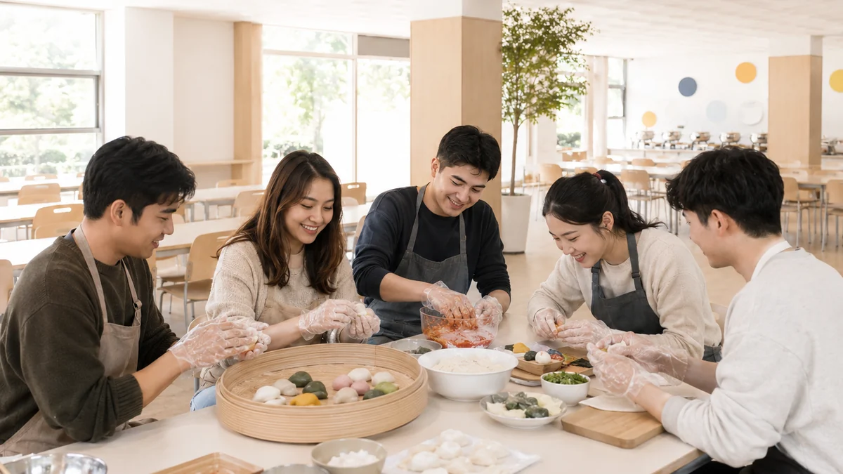 앞치마를 두르고 송편을 빚는 유학생들