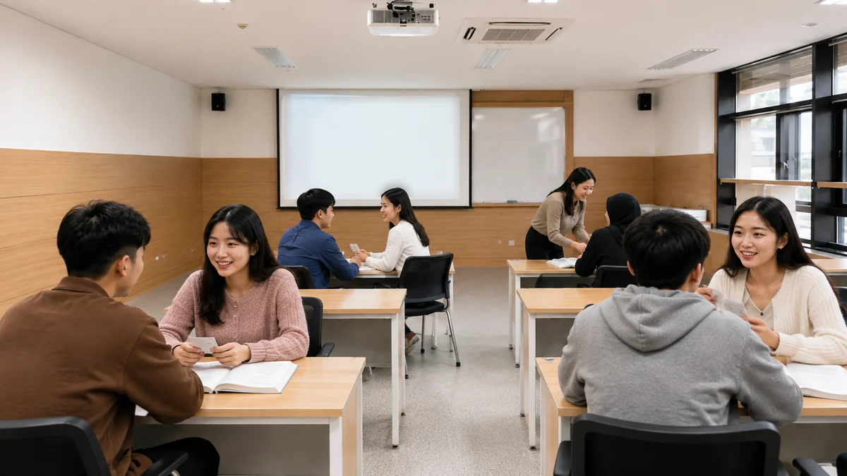 짝을 지어 한국어로 대화 연습을 하는 유학생들