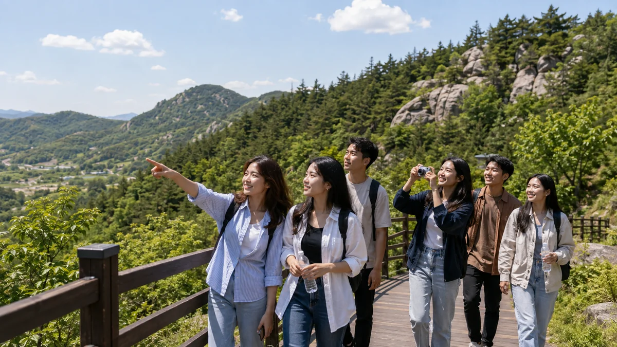 산자락 산책로를 함께 걷는 유학생들